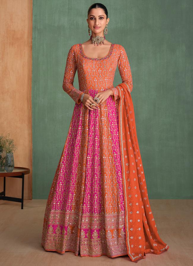 Georgette Orange Wedding Wear Embroidery Work Readymade Anarkali Suit